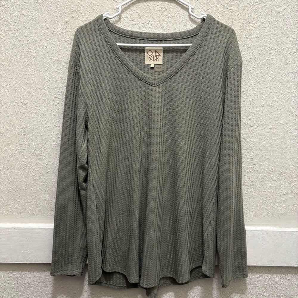 Chaser Women's Waffle Knit Green V-Neck Top Size Large